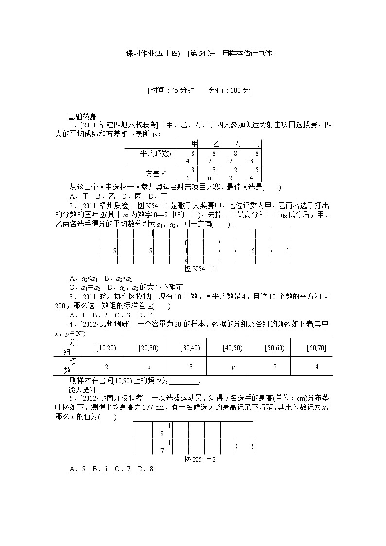 2013届数学新课标高考一轮复习训练手册（理科） 第54讲《用样本估计总体》人教A版必修301