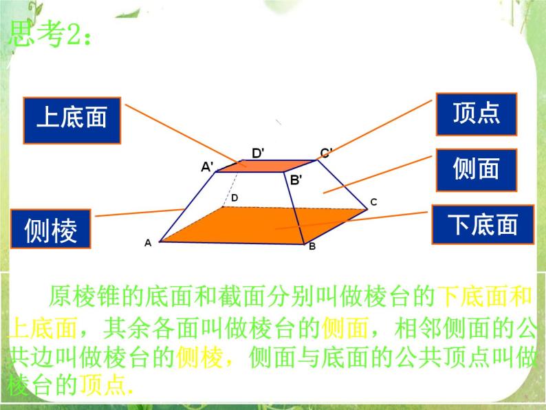 浙江省乐清市白象中学高中数学人教新课标A版必修二《1.1.2棱台、圆柱、圆锥、圆台的几何特征》课件05