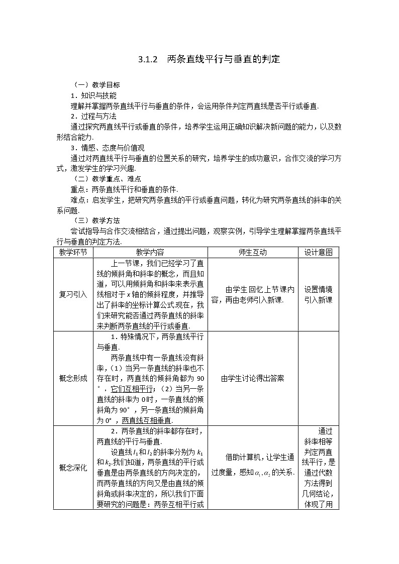 2012-2013学年高一数学：3.1.2两条直线平行与垂直的判定教案 新人教A版 必修201