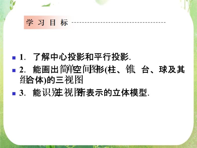 12-13学年高一数学：1.2.1-1.2.2《中心投影与平行投影、空间几何体的三视图》课件2（人教A版必修2）02