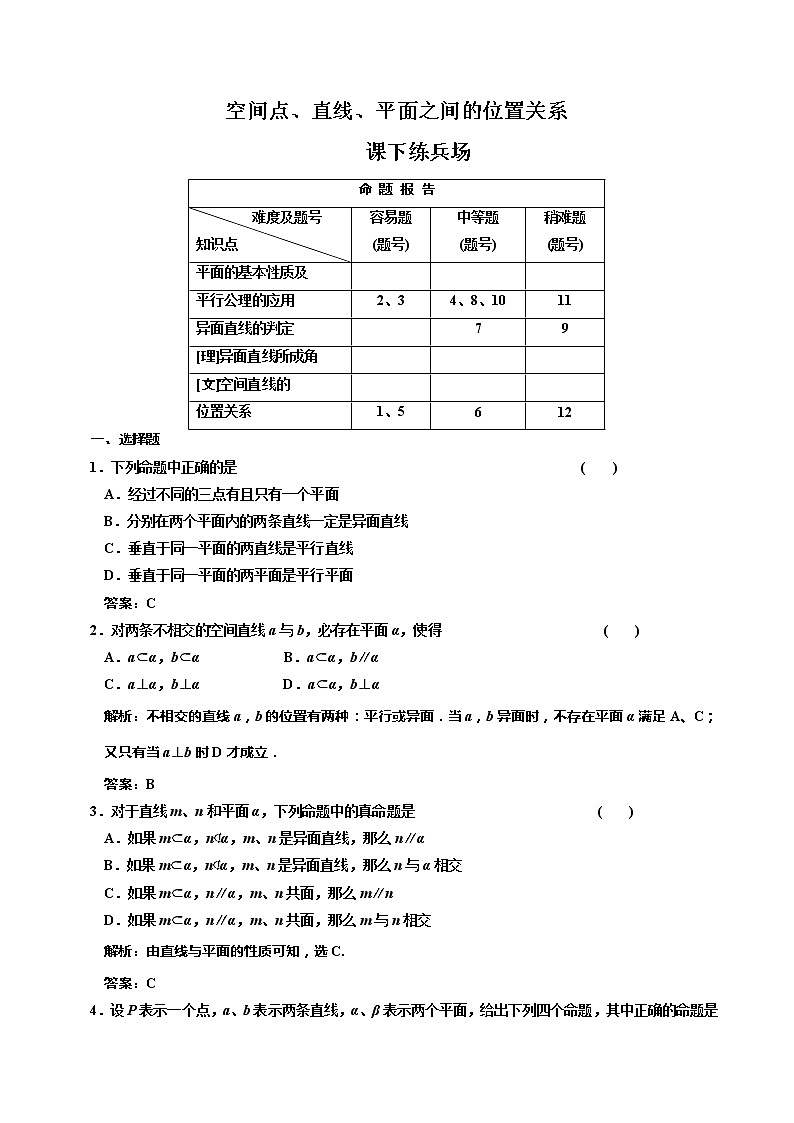 《空间点、直线、平面之间的位置关系》同步练习17（人教A版必修2）01