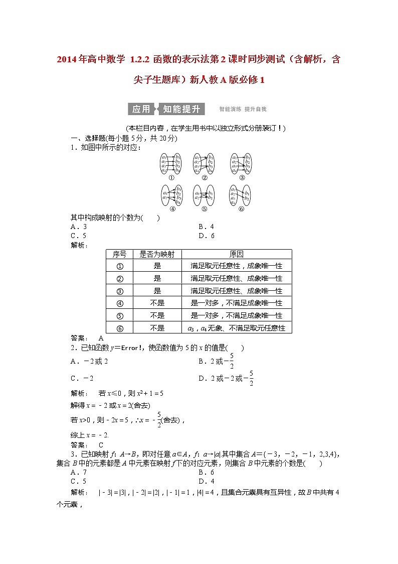 2014年高一数学1.2.2《函数的表示法》第2课时同步测试（含解析，含尖子生题库）新人教A版必修101