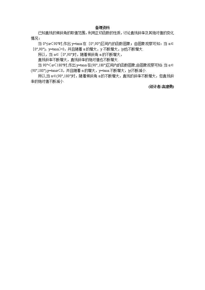 新课标高中数学人教A版优秀教案必修2：1.备课资料（3.1.1  倾斜角与斜率）01