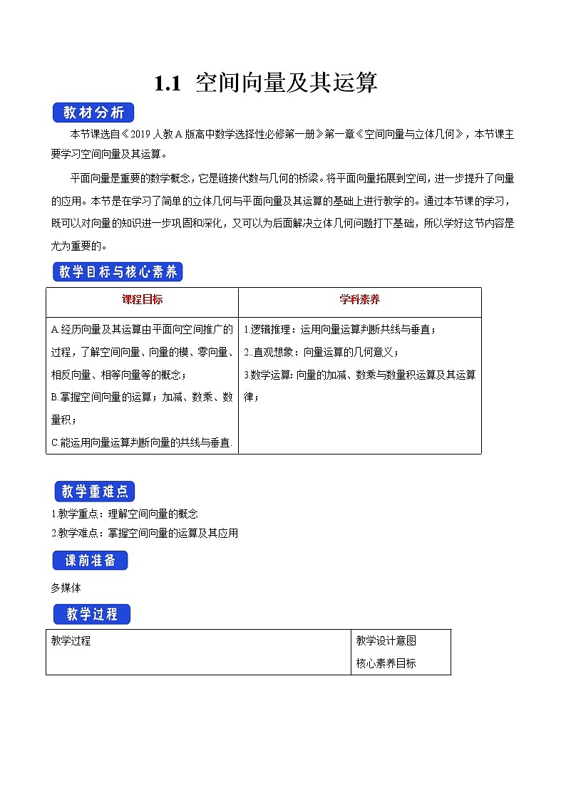 【新教材精创】1.1 空间向量及其运算（教学设计）-人教A版高中数学选择性必修第一册01