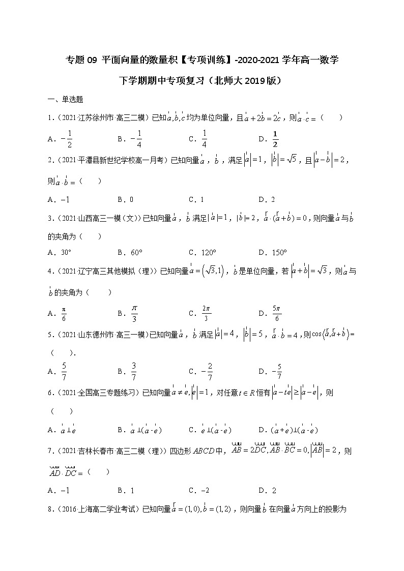 专题09 平面向量的数量积【专项训练】-2020-2021学年高一数学下学期期中专项复习（北师大版2019必修第二册）01