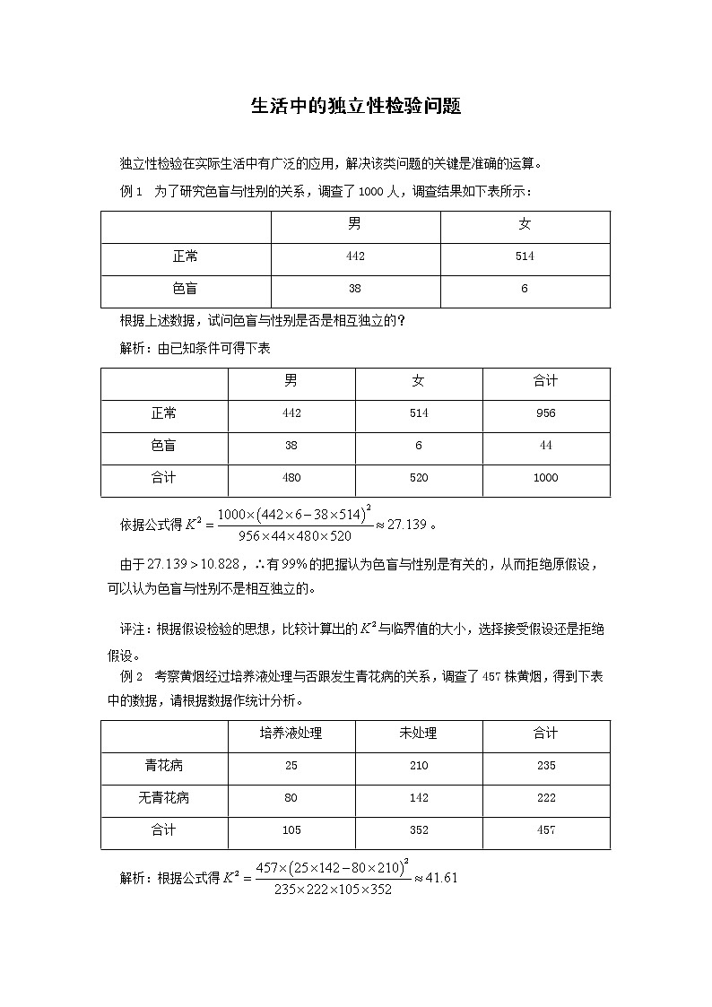 《独立性检验问题》生活中的问题  素材2 新人教B版选修1—201