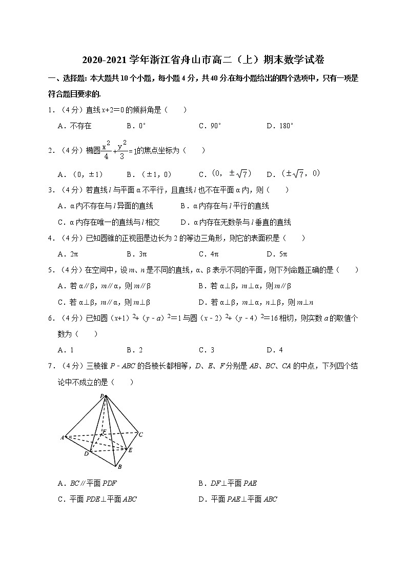 2020-2021学年浙江省舟山市高二（上）期末数学试卷01