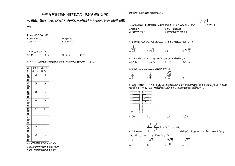 2021年陕西省榆林市高考数学第二次测试试卷（文科）第1页