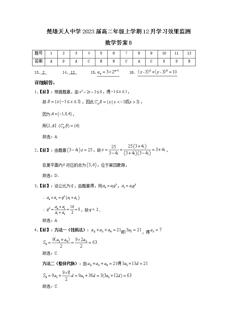 2023届高二12月份学习效果监测数学参考答案（B卷）第1页