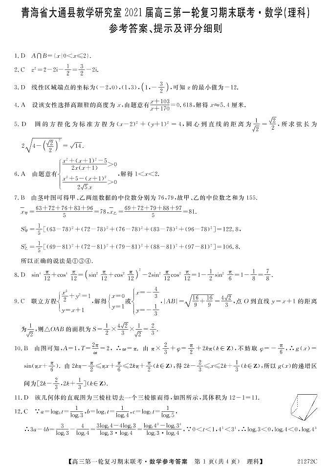 2021届青海省西宁市大通回族土族自治县高三上学期第一轮复习期末联考数学（理）试题 PDF版01