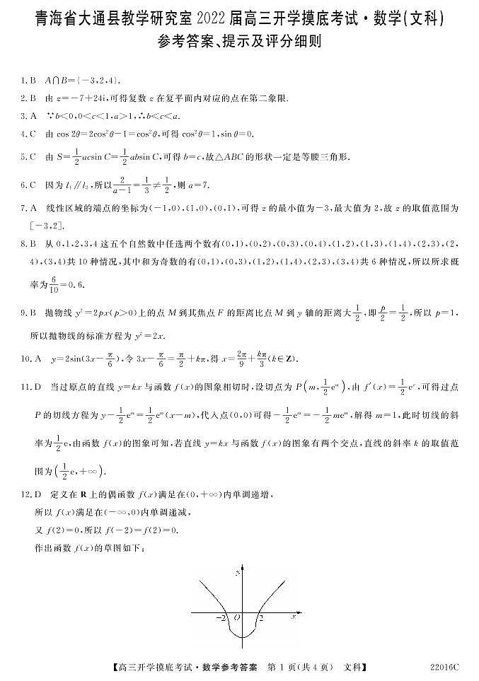 2022届青海省西宁市大通回族土族自治县高三上学期9月开学摸底考试数学（文）试题 PDF版含答案01