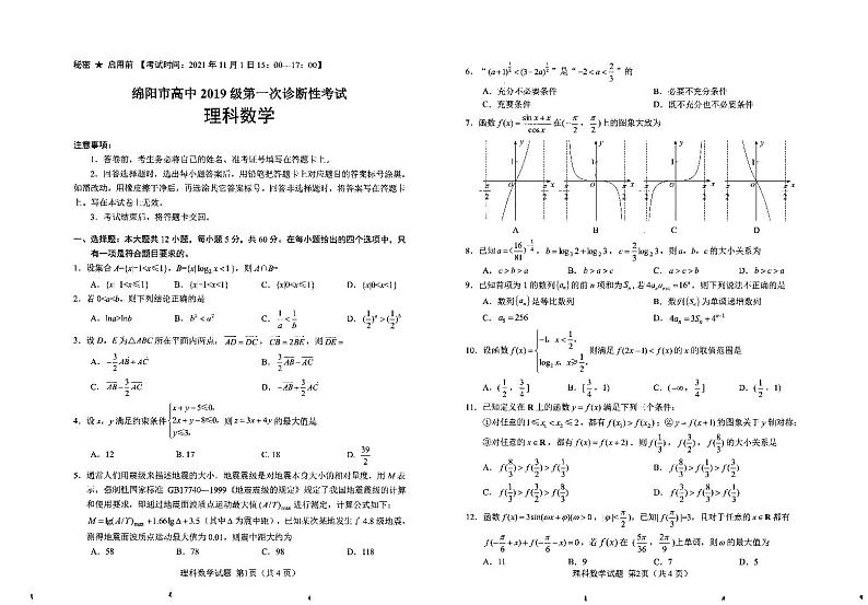 2022届四川省绵阳市高三上学期第一次诊断性考试（11月） 数学理科 PDF版含答案练习题01