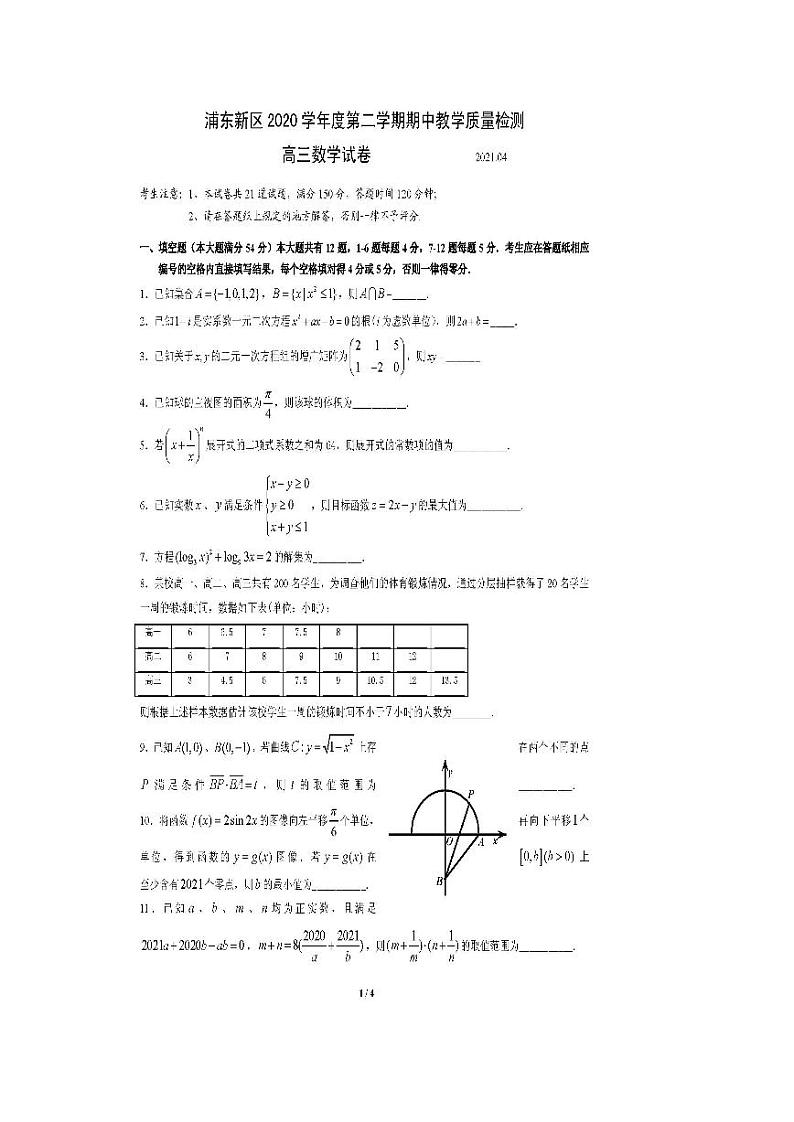 2021年上海市浦东新区高三二模数学试卷及答案01