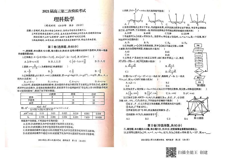 广西玉林市2021届高三第二次模拟考试数学（理）试题（图片版）第1页
