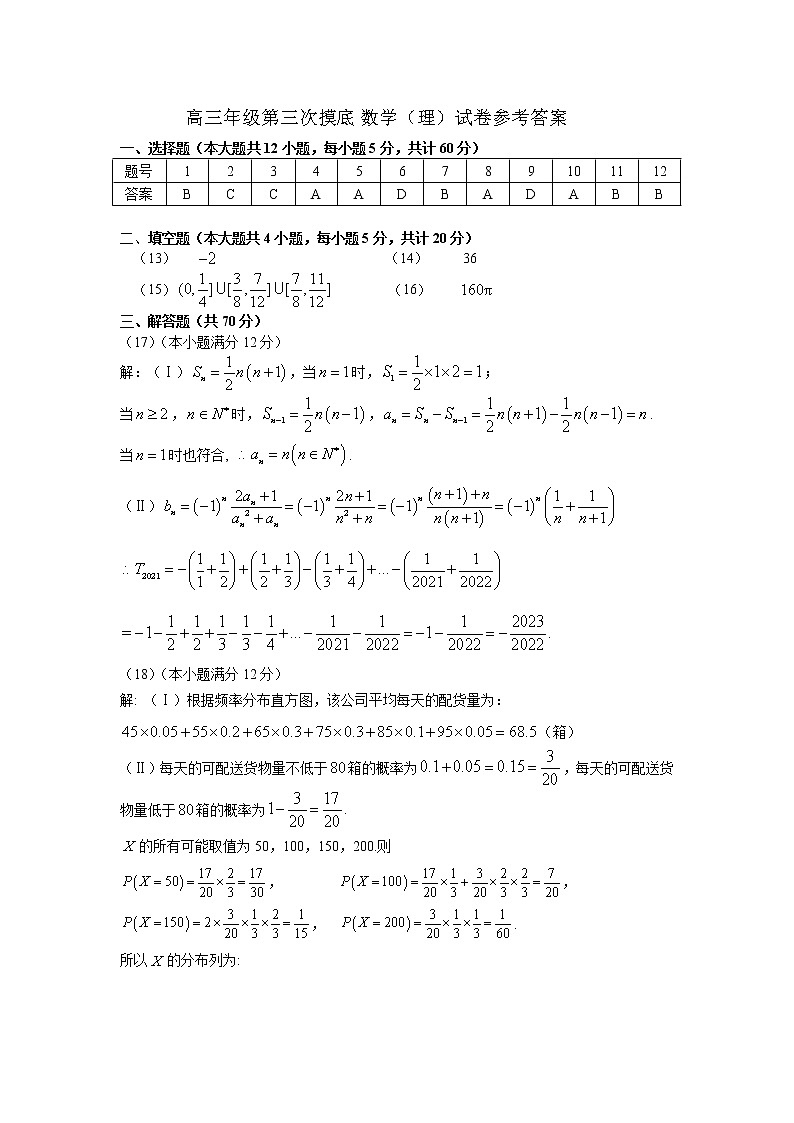 吉林省名校2022届高三12月第三次摸底检测数学（理）答案第1页