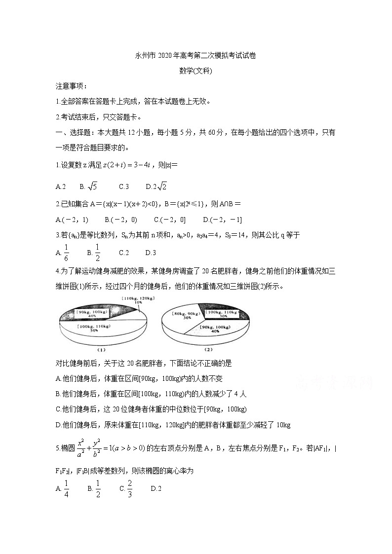 湖南省永州市2020届高三上学期第二次模拟考试 数学（文） Word版含答案练习题01