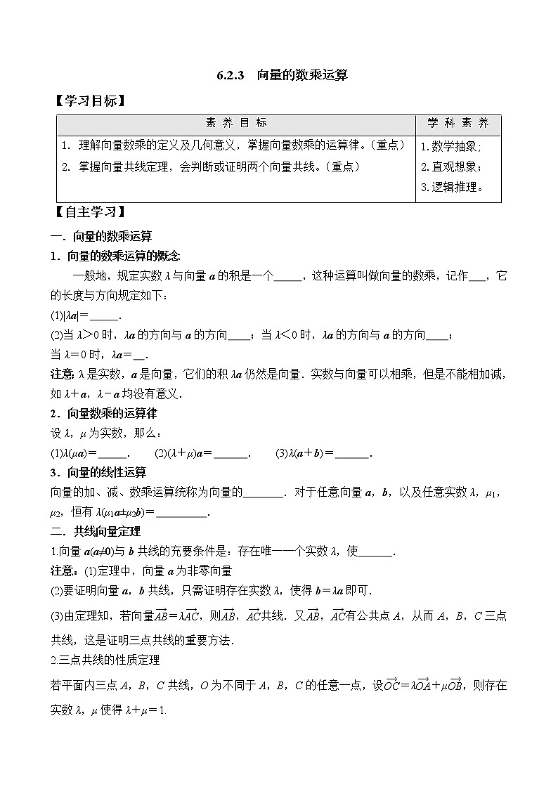 6.2.3 向量的数乘运算   高一数学新教材配套学案（人教A版2019必修第二册）01