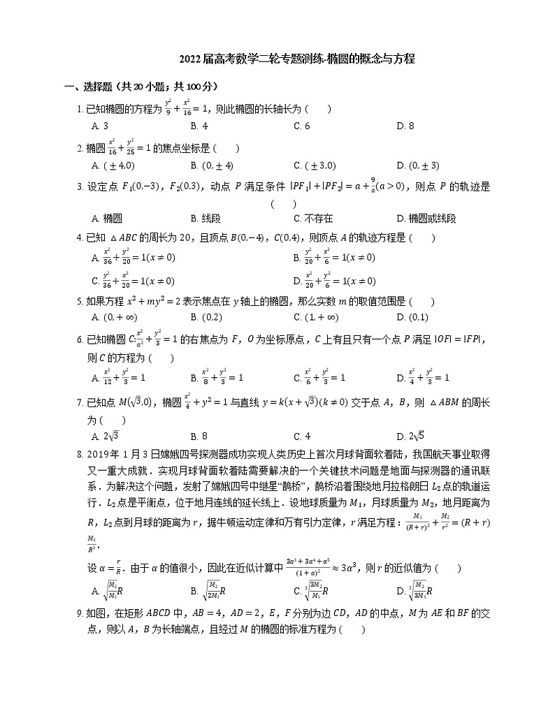 2022届高考数学二轮专题测练-椭圆的概念与方程第1页