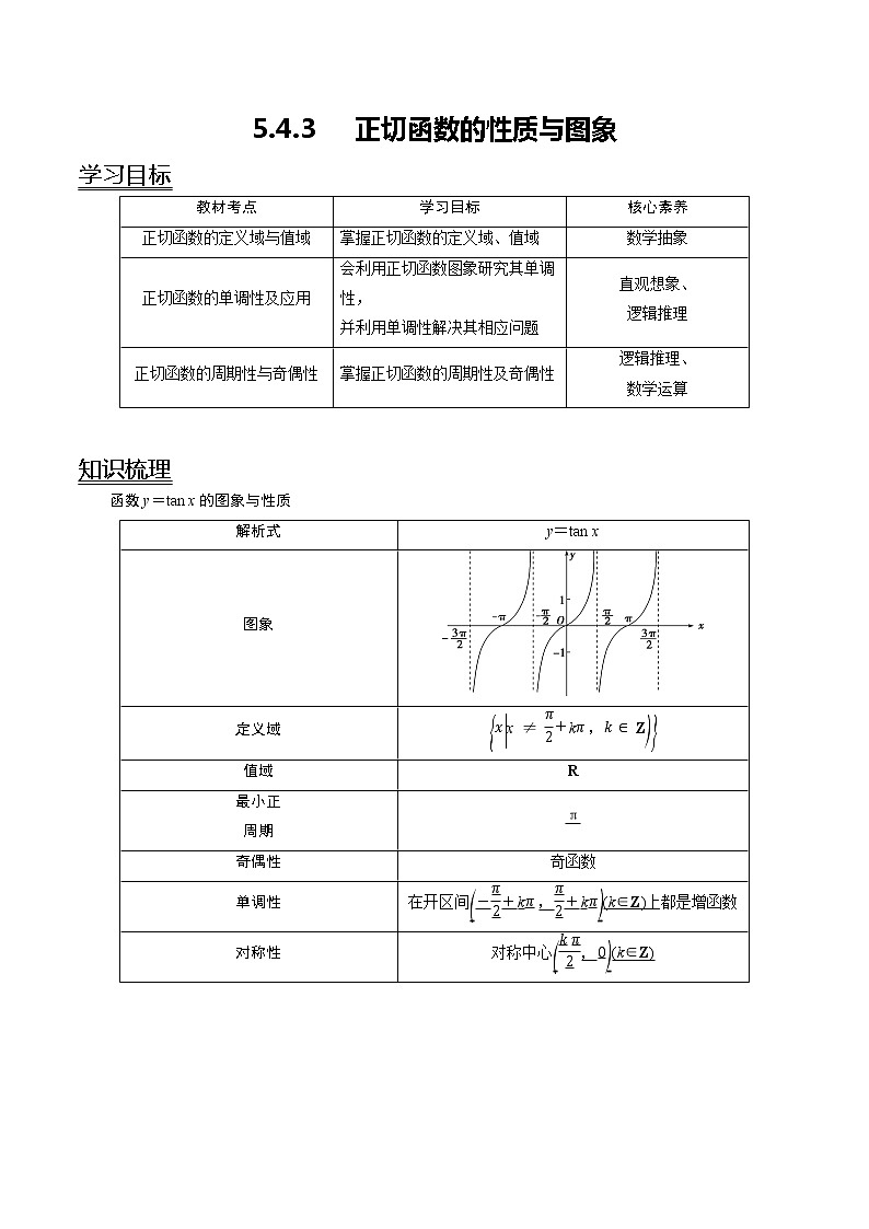 5.4.3 正切函数的性质与图象（学案）01