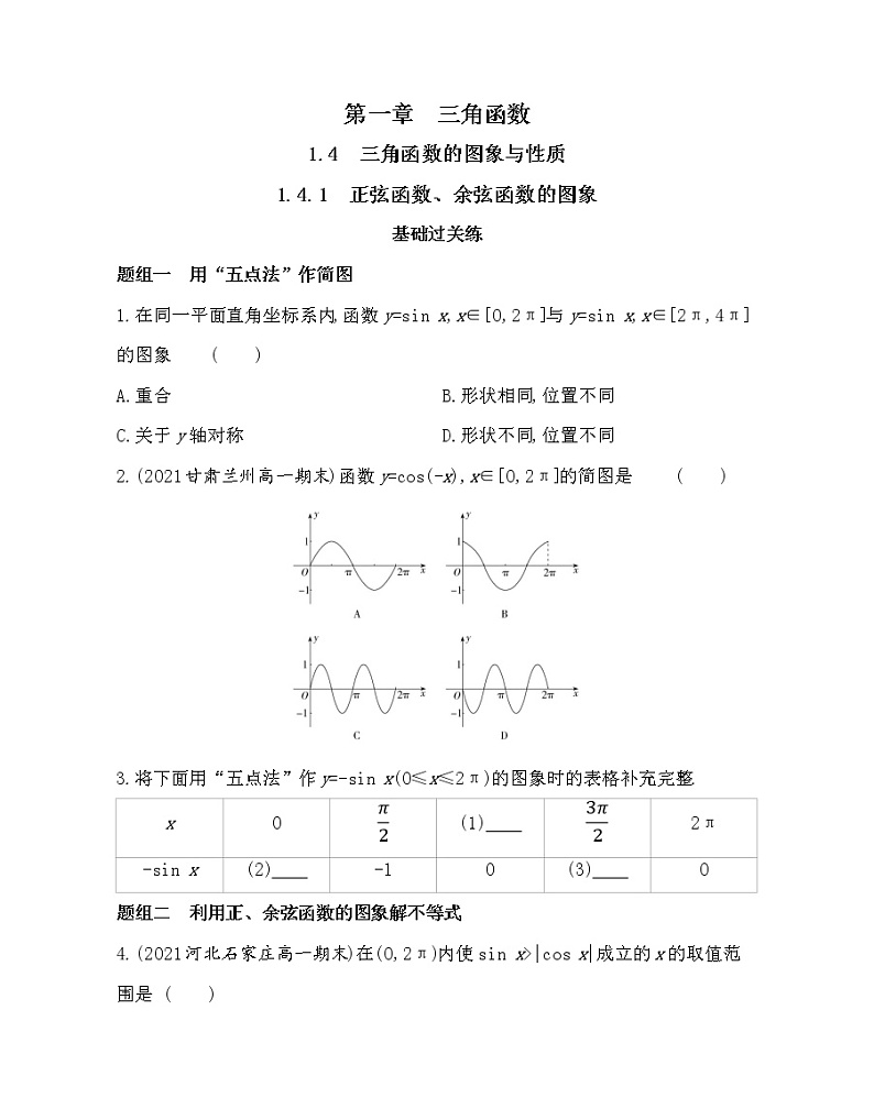 9-1.4.1　正弦函数、余弦函数的图象-2022版数学必修4 人教版（新课标） 同步练习 （Word含解析）第1页