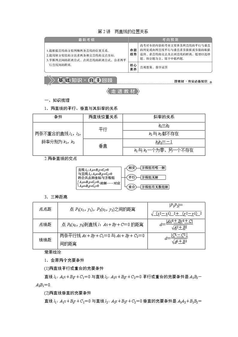 2023届高考一轮复习讲义（文科）第九章　平面解析几何    第2讲　两直线的位置关系学案第1页