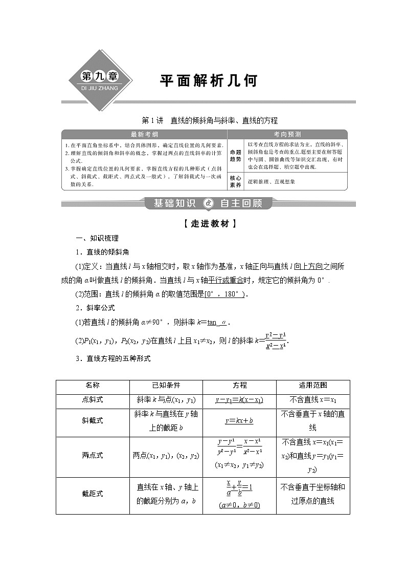 2023届高考一轮复习讲义（理科）第九章　平面解析几何    第1讲　直线的倾斜角与斜率、直线的方程学案01