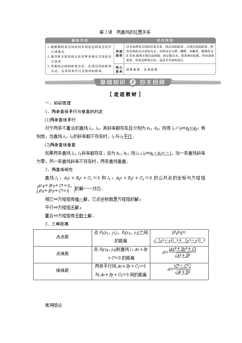 2023届高考一轮复习讲义（理科）第九章　平面解析几何    第2讲　两直线的位置关系学案第1页