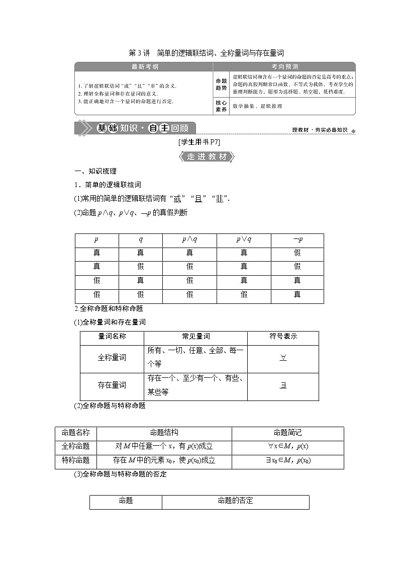 2023届高考一轮复习讲义（理科）第一章　集合与常用逻辑用语    第3讲　简单的逻辑联结词、全称量词与存在量词学案01