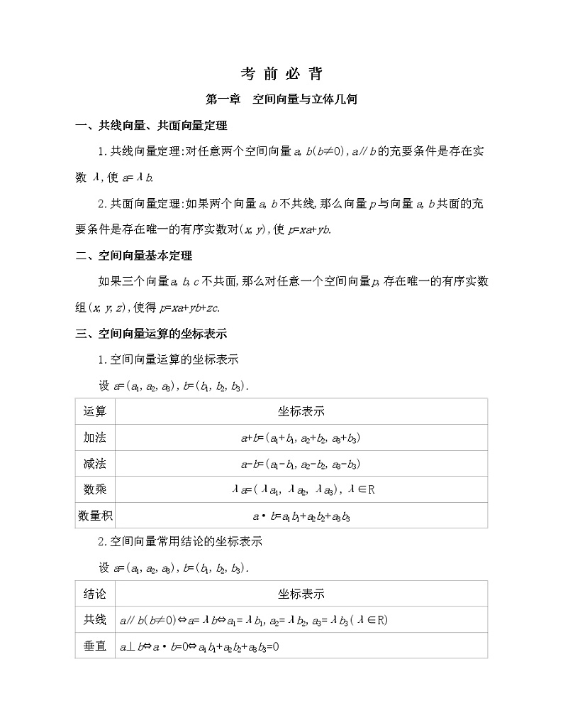 考前必背知识点-2022版数学选择性必修第一册 人教版（2019） 同步练习 （Word含解析）01