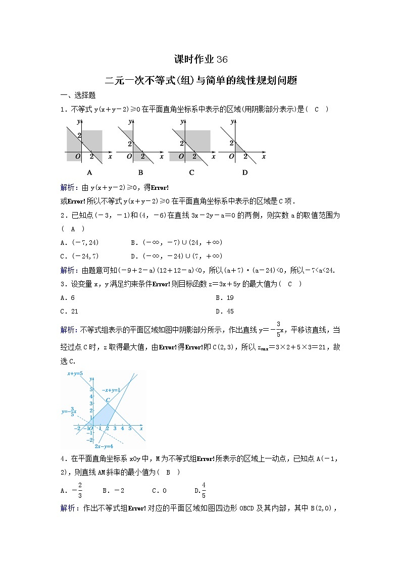 2022年高考数学(理数)一轮复习课时作业36《二元一次不等式（组）与简单的线性规划问题》（教师版）第1页