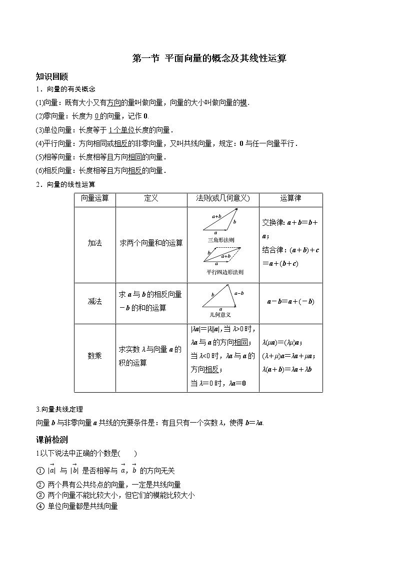 第五章 第一节 平面向量的基本概念及线性运算-2022届新高考数学一轮复习考点讲解+习题练习学案01