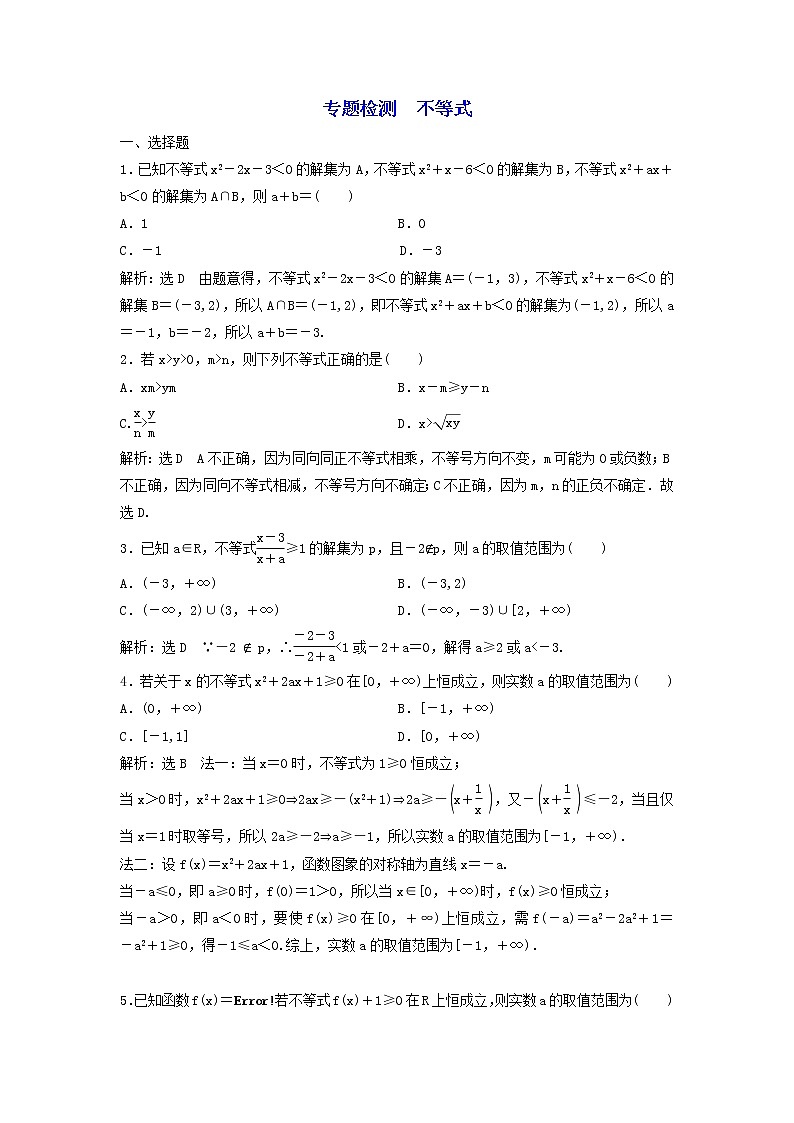 2022年高考二轮复习数学（文）专题检测02《不等式》（教师版）第1页