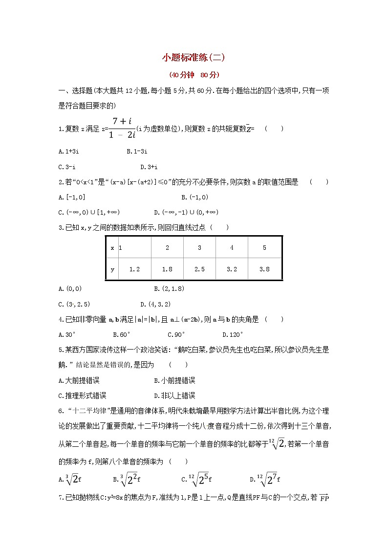 高考数学(文数)二轮复习小题标准练习卷02（学生版）第1页