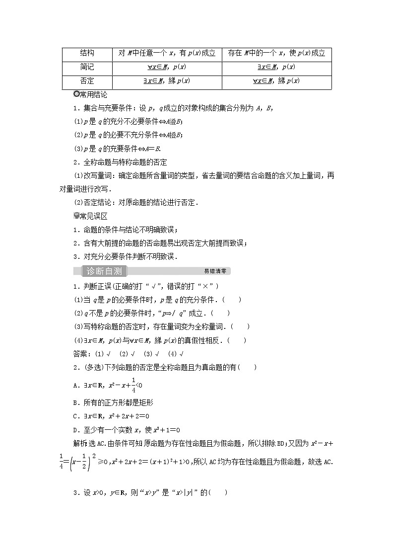 2022高考数学一轮复习第一章集合与常用逻辑用语第2讲充分条件与必要条件全称量词与存在量词学案02