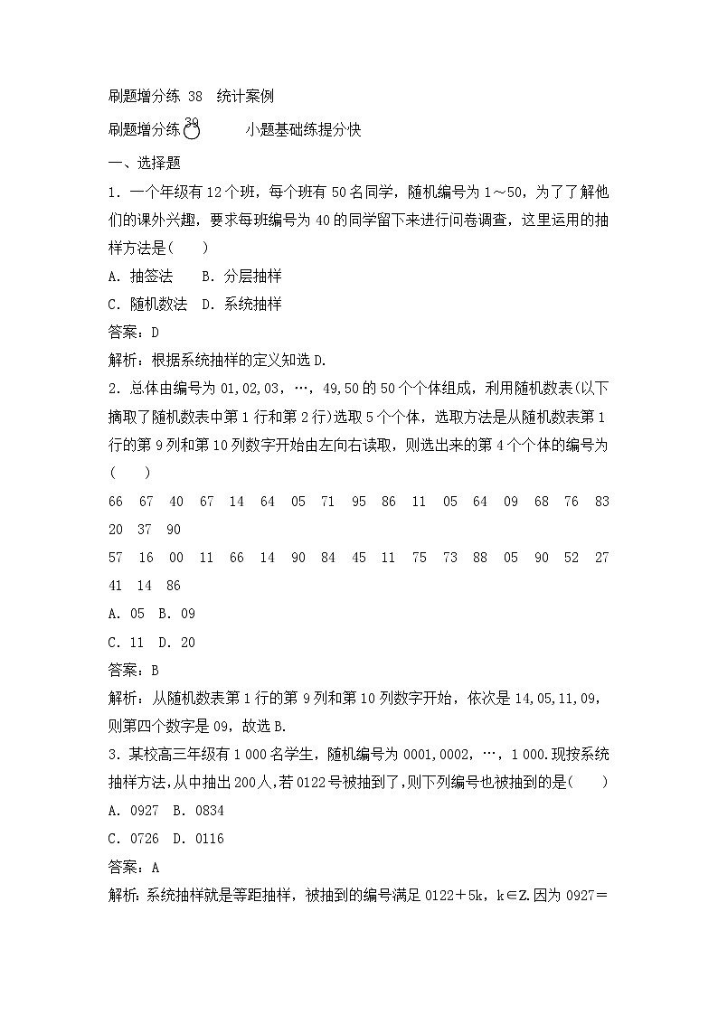高考数学(理数)一轮复习刷题小卷练习38《统计案例》 (教师版)01