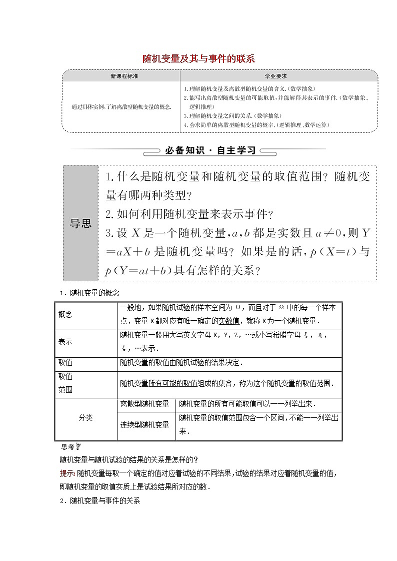 2021_2022学年新教材高中数学第四章概率与统计2.1随机变量及其与事件的联系学案新人教B版选择性必修第二册第1页