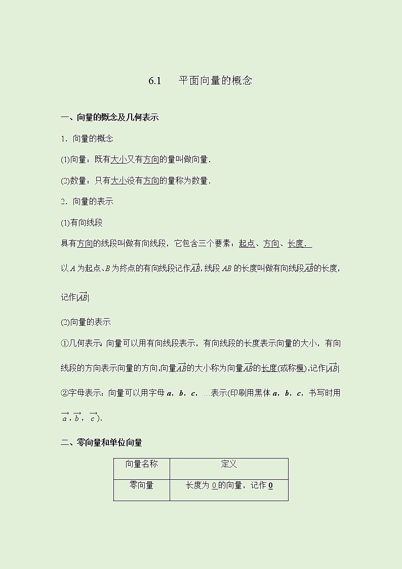 6.1平面向量的概念 -讲义（知识点+考点+练习）-2021-2022学年人教A版（2019）高一数学必修第二册（教师版+学生版）01