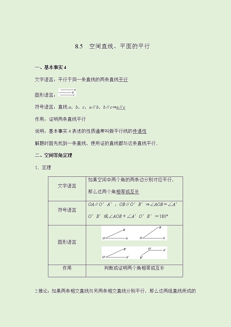 8.5空间直线、平面的平行(教师版）-2021-2022学年人教A版（2019）高一数学必修第二册第1页