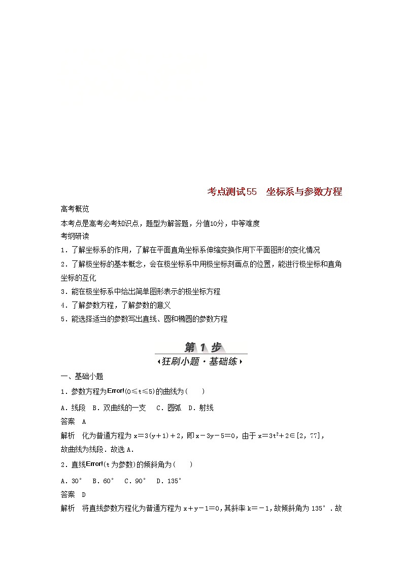 高考数学(文数)一轮复习考点测试55《坐标系与参数方程》（教师版）第1页