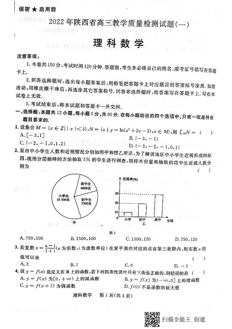 2022年陕西省一模理科数学第1页