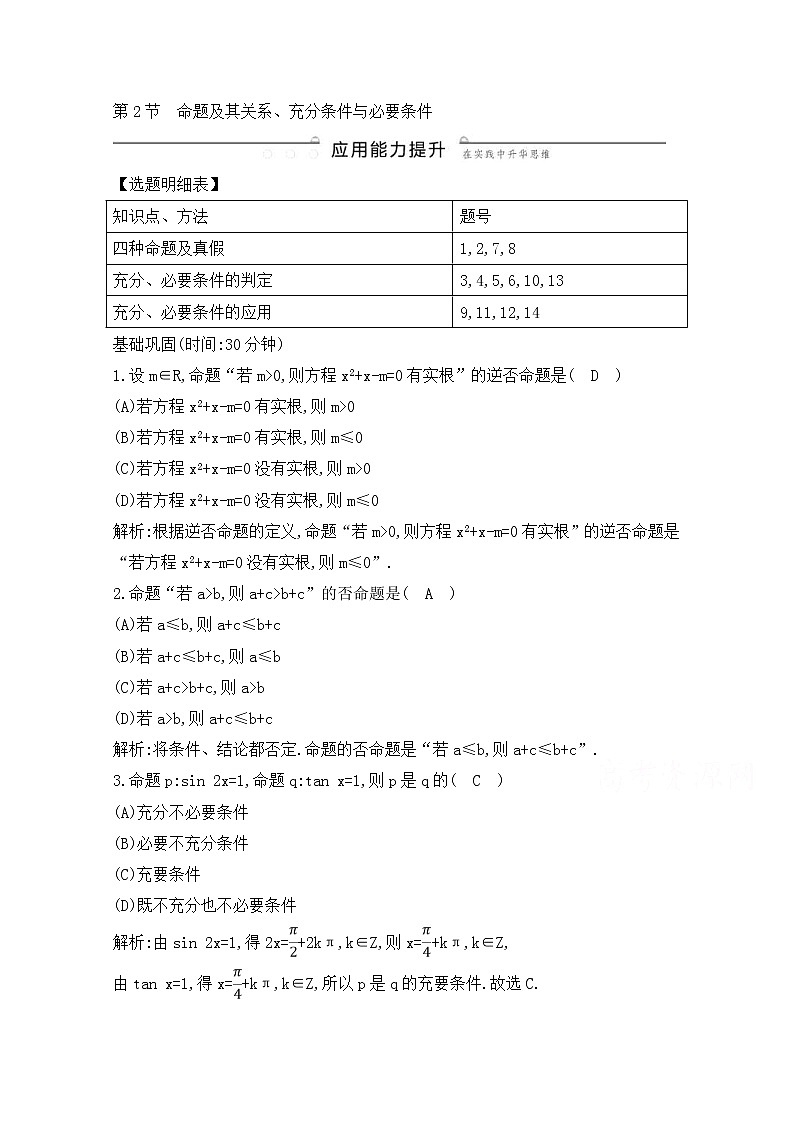 高考数学(理数)一轮复习练习题：1.2《命题及其关系、充分条件与必要条件》（教师版）第1页