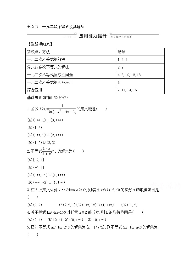 高考数学(理数)一轮复习练习题：6.2《一元二次不等式及其解法》（学生版）第1页