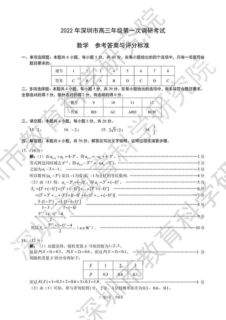 2022年深圳市高三年级第一次调研考数学答案第1页