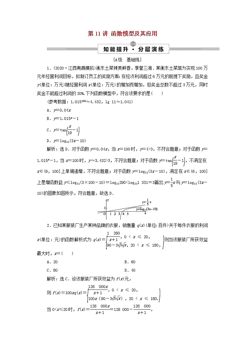 2022高考数学一轮总复习第二章函数概念与基本初等函数第11讲函数模型及其应用集训含解析文第1页