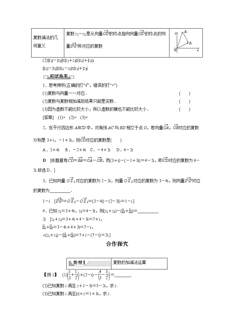 2022年高中数学新人教B版必修第四册 第10章 10.2.1复数的加法与减法 教案02