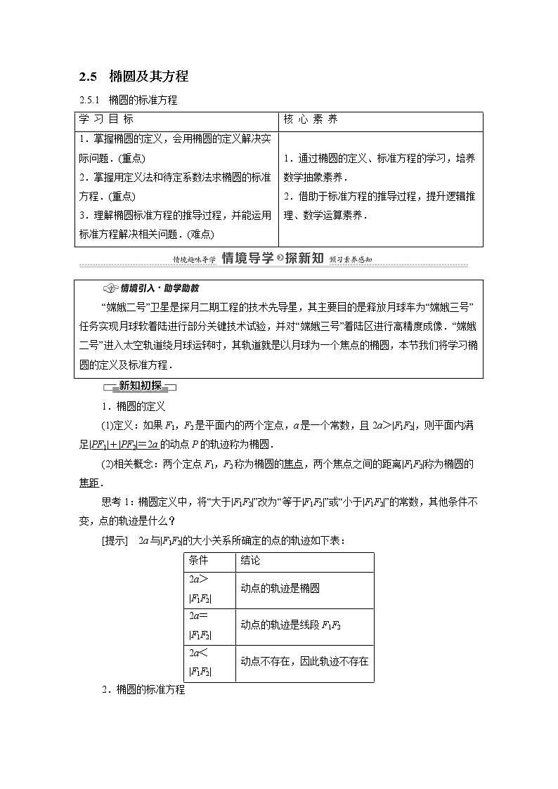 2022届高中数学新人教B版 选择性必修第一册 第2章2.5.1椭圆的标准方程 学案01
