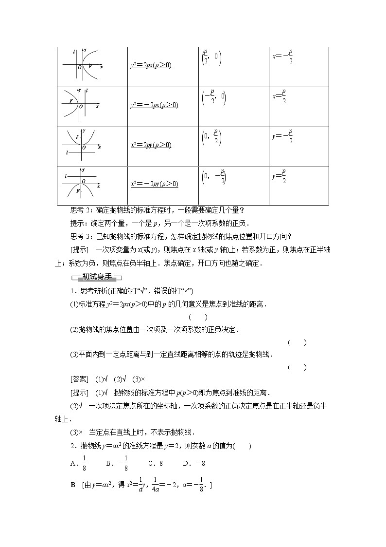 2022届高中数学新人教B版 选择性必修第一册 第2章2.7.1抛物线的标准方程 学案02