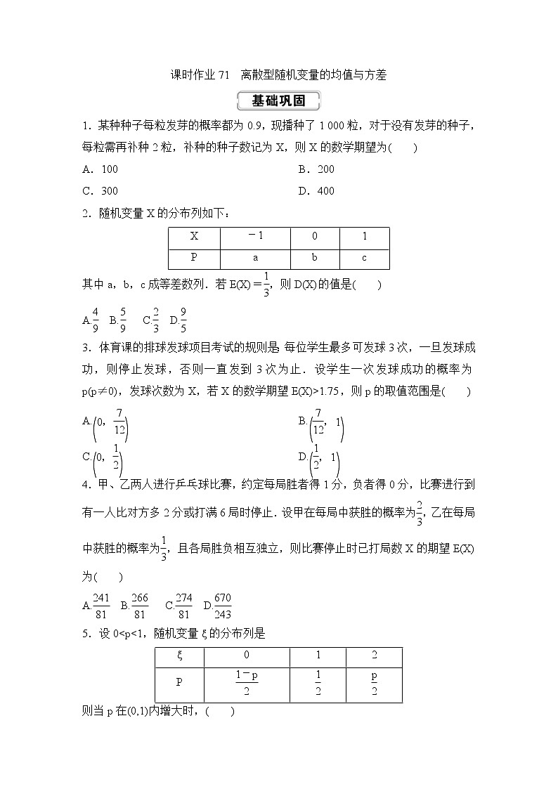 高考数学(理数)一轮复习课时作业71《离散型随机变量的均值与方差》(原卷版)01