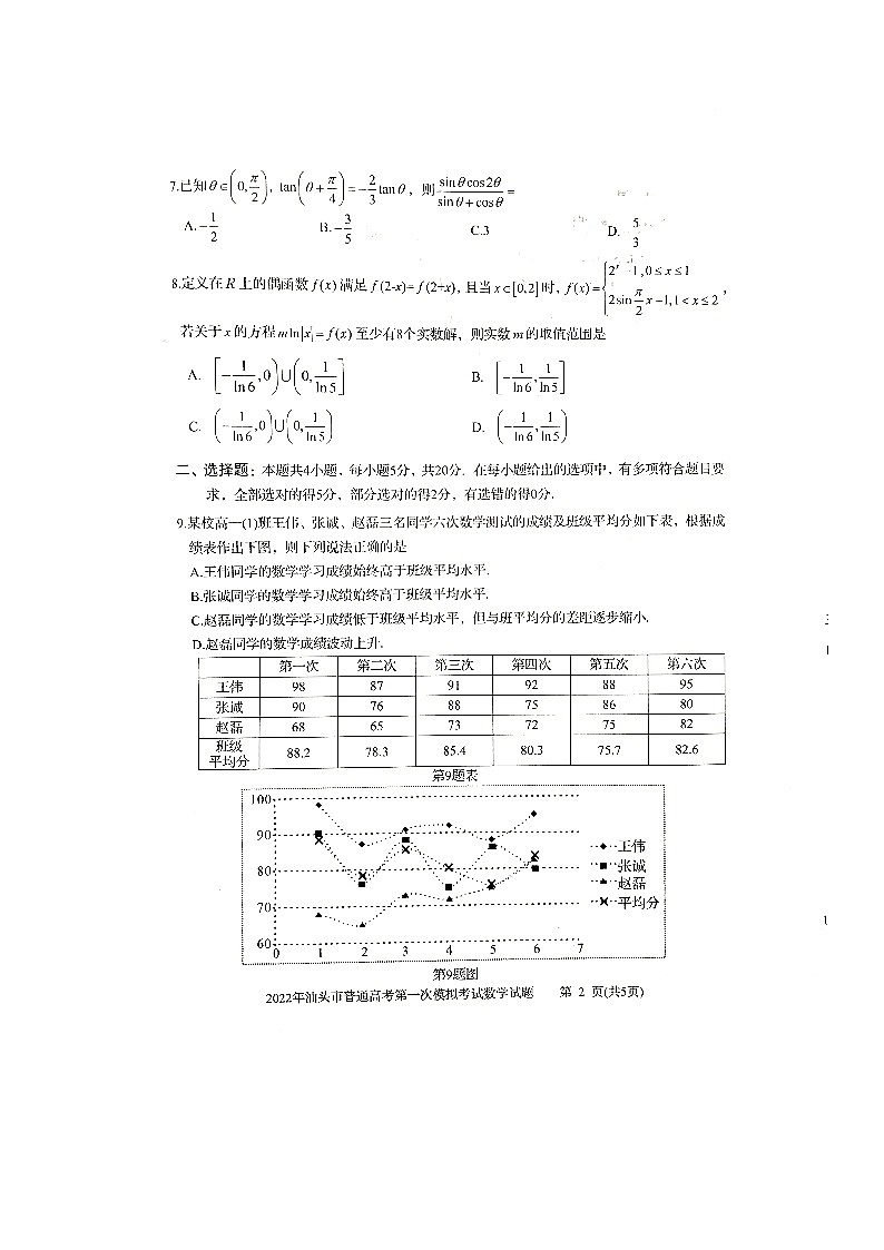 广东省汕头市2022届高三普通高考第一次模拟考试数学试题第2页