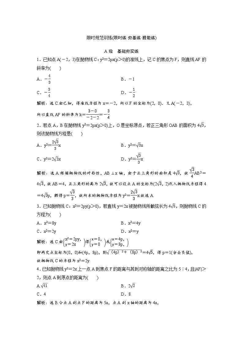 高考数学(理数)一轮复习检测卷：8.6《抛物线》 第1页